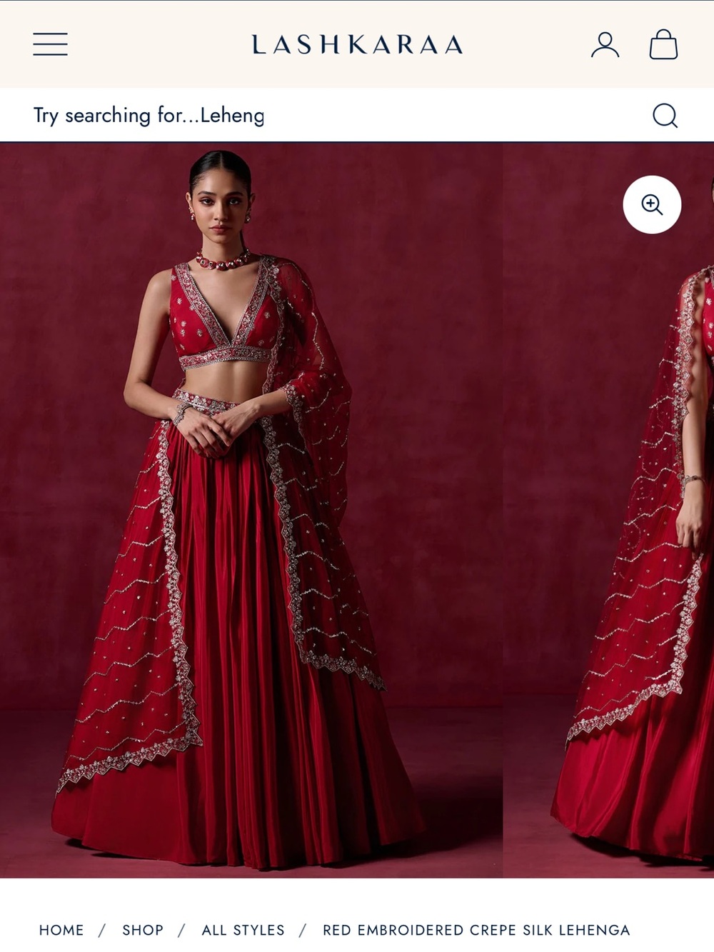 Lashkaraa Red Embroidered Crepe Silk Lehenga